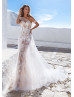 One Shoulder Illusion Beaded White Lace Tulle Wedding Dress